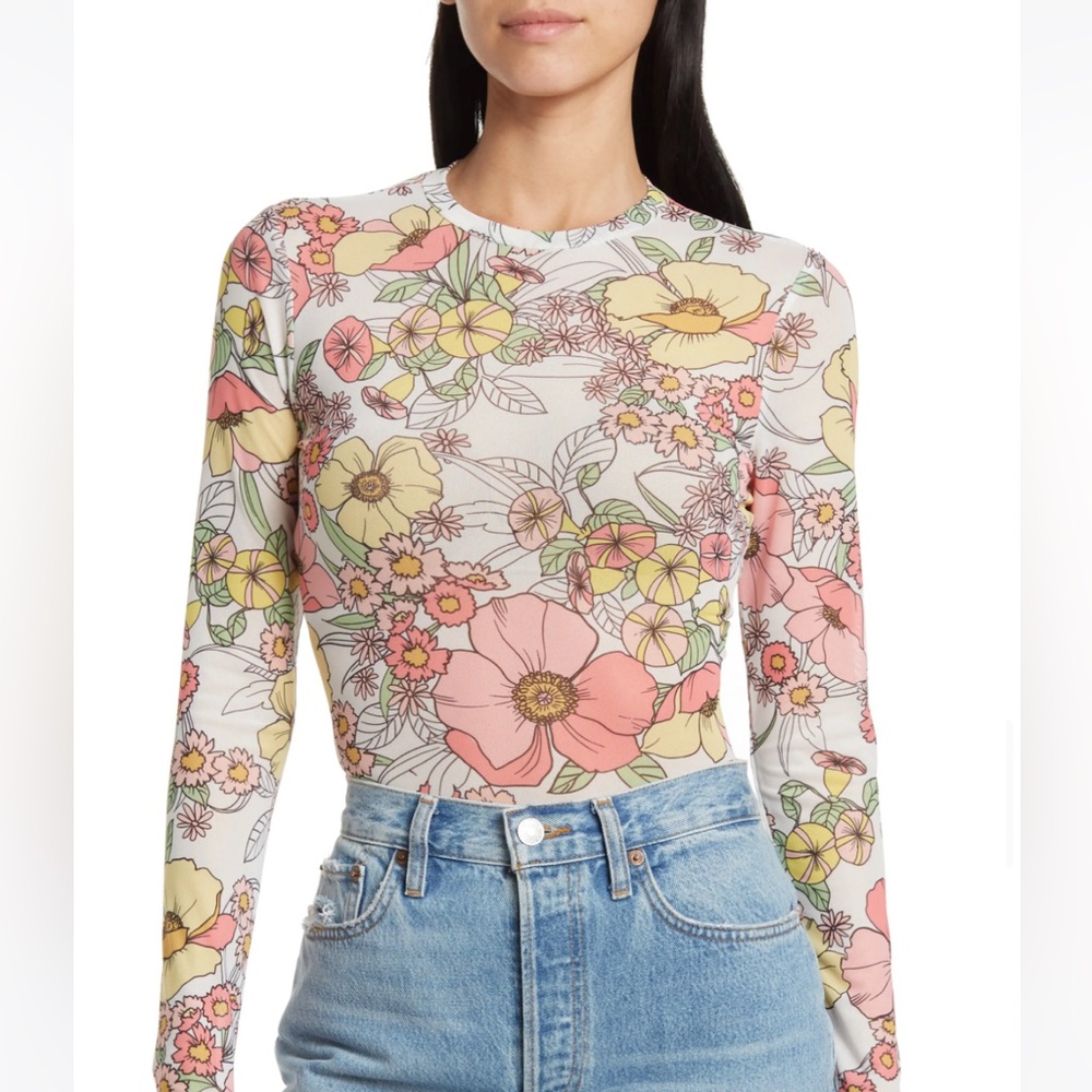 AFRM Sunny Long Sleeve Mesh Top in CORAL BOUQUET Size Small NWOT